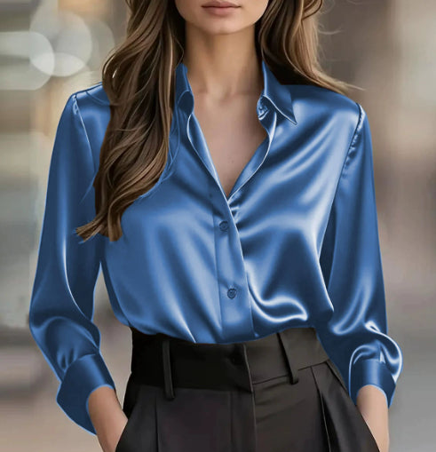 Women's Satin Button-Up Long-Sleeve Blouse (photo 18)