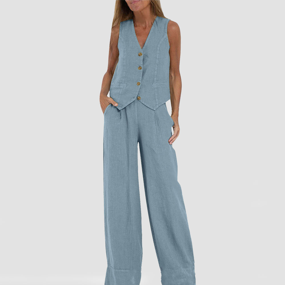 Women's Sleeveless V-Neck Vest and Straight Pants Set (photo 9)