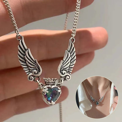 Gothic Heart Crown Angel Wings Pendant Necklace