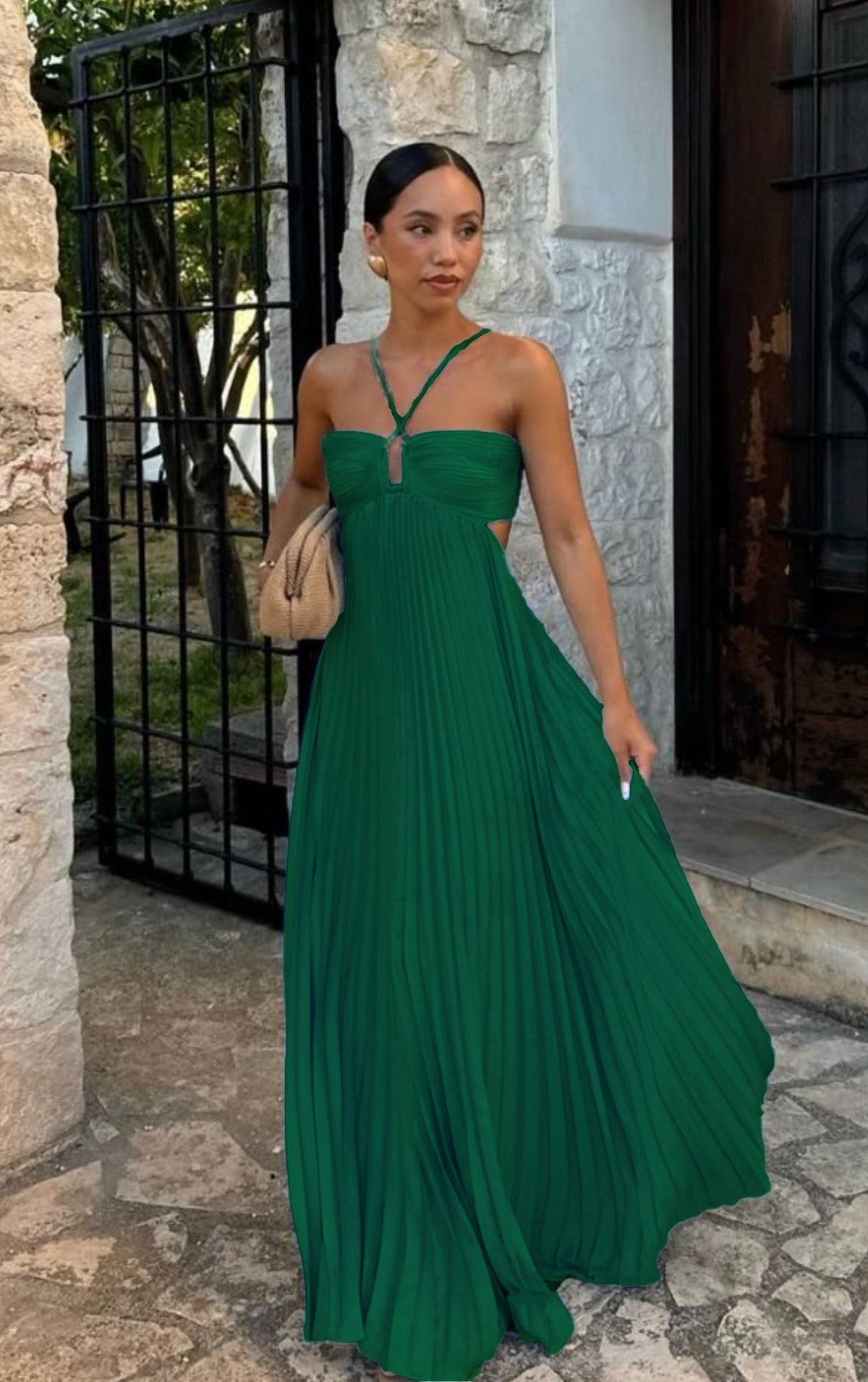 Women's Pleated Halter Maxi Dress with Cut-Out Detail (photo 14)