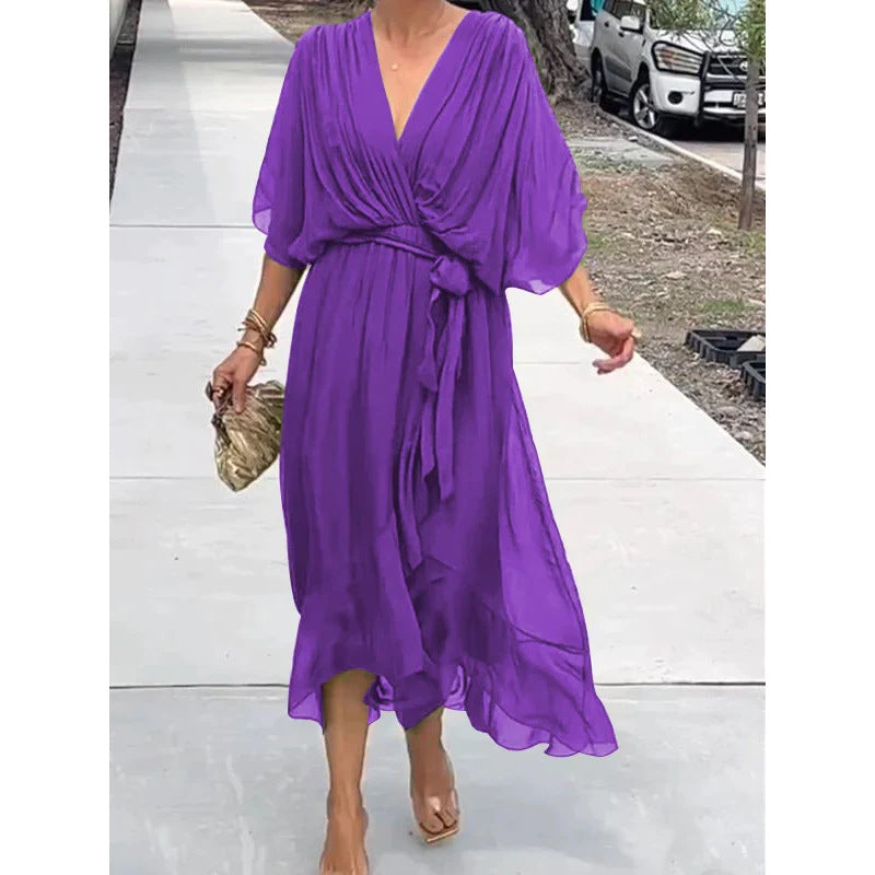 Women's Batwing-Sleeve V-Neck Tie-Waist Midi Dress (photo 9)