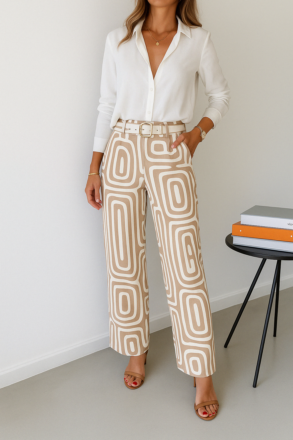 Woman wearing a white button-up shirt with beige and white geometric print wide-leg pants