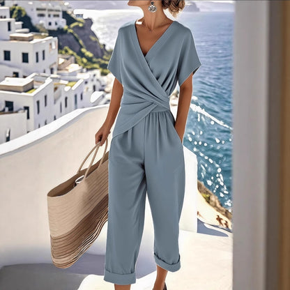 Women's Pleated V-Neck Short-Sleeve Top and Cropped Pants Set (photo 5)