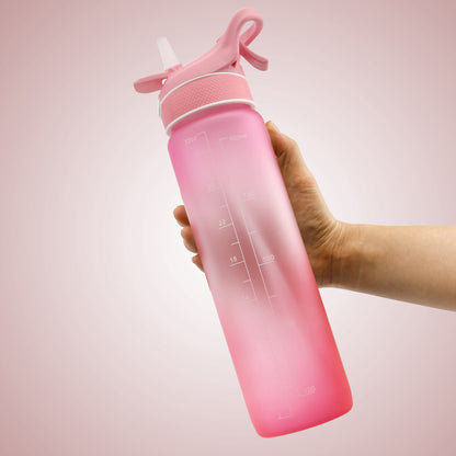 1 L Water Bottle with Spray Mist and Straw – Pink