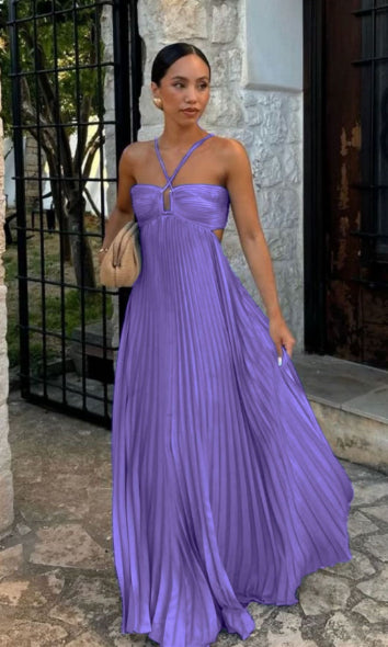 Women's Pleated Halter Maxi Dress with Cut-Out Detail (photo 13)