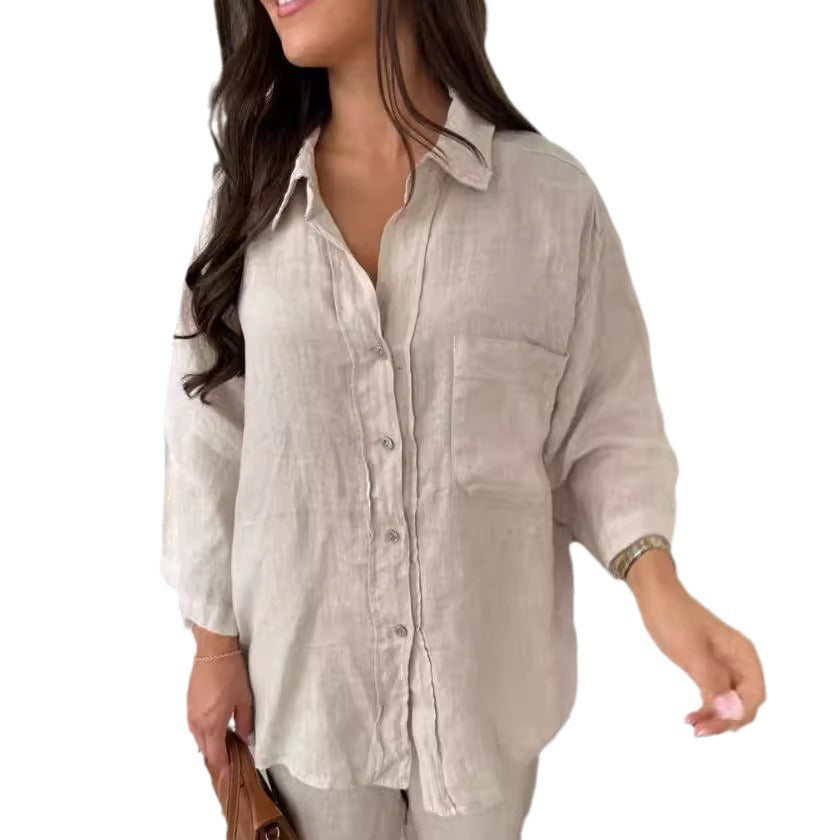 Women's Long-Sleeve Pocket Shirt and Wide-Leg Pants Set (photo 7)