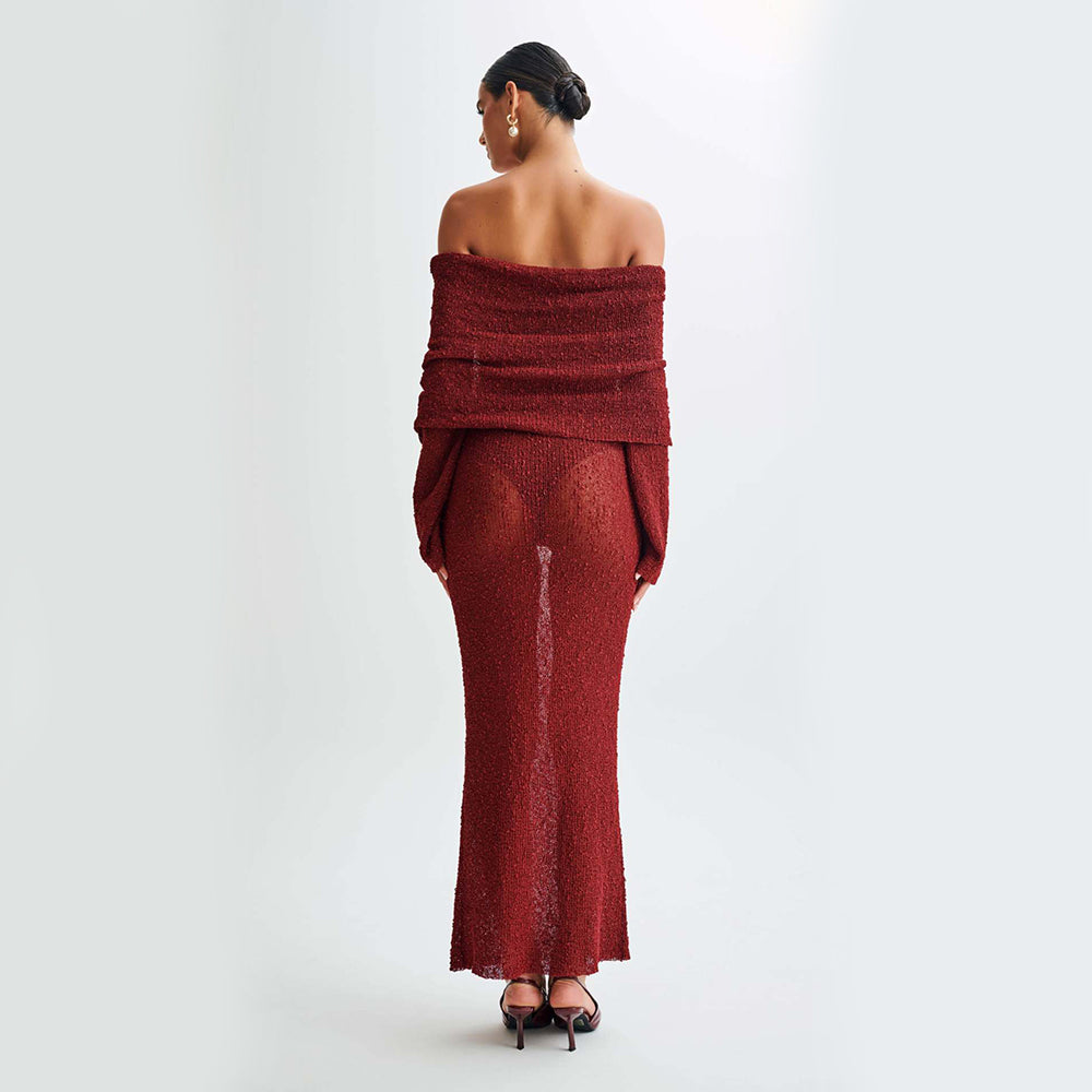 Women's One-Shoulder Long-Sleeve Knit Maxi Dress (photo 12)