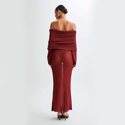 Women's One-Shoulder Long-Sleeve Knit Maxi Dress (photo 12)