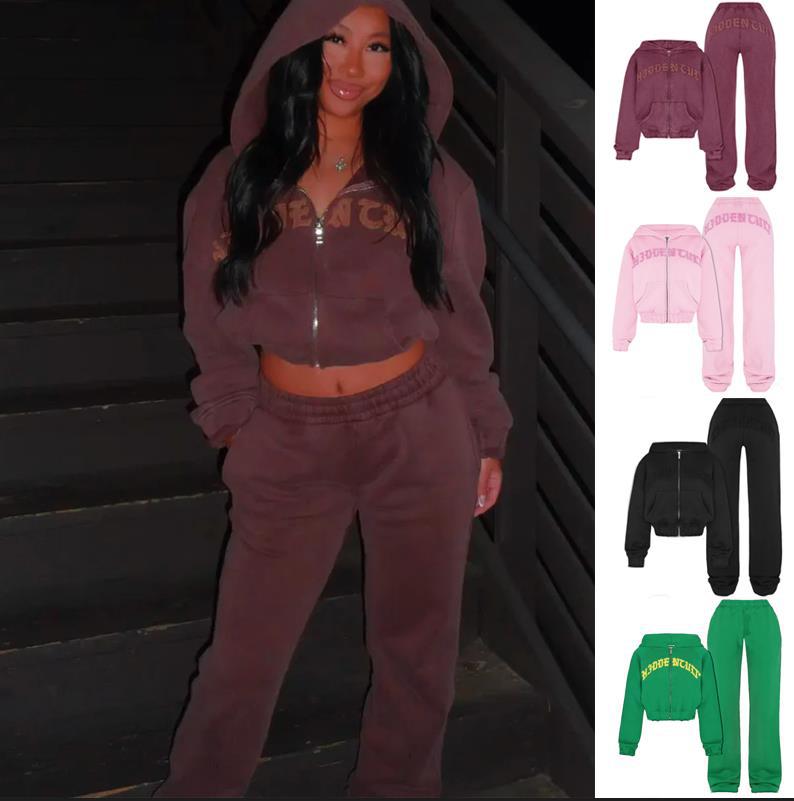 Women's Zip-Up Hooded Crop Sweatshirt and Drawstring Pants Set