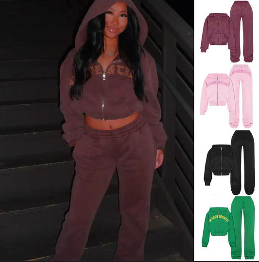 Women's Zip-Up Hooded Crop Sweatshirt and Drawstring Pants Set