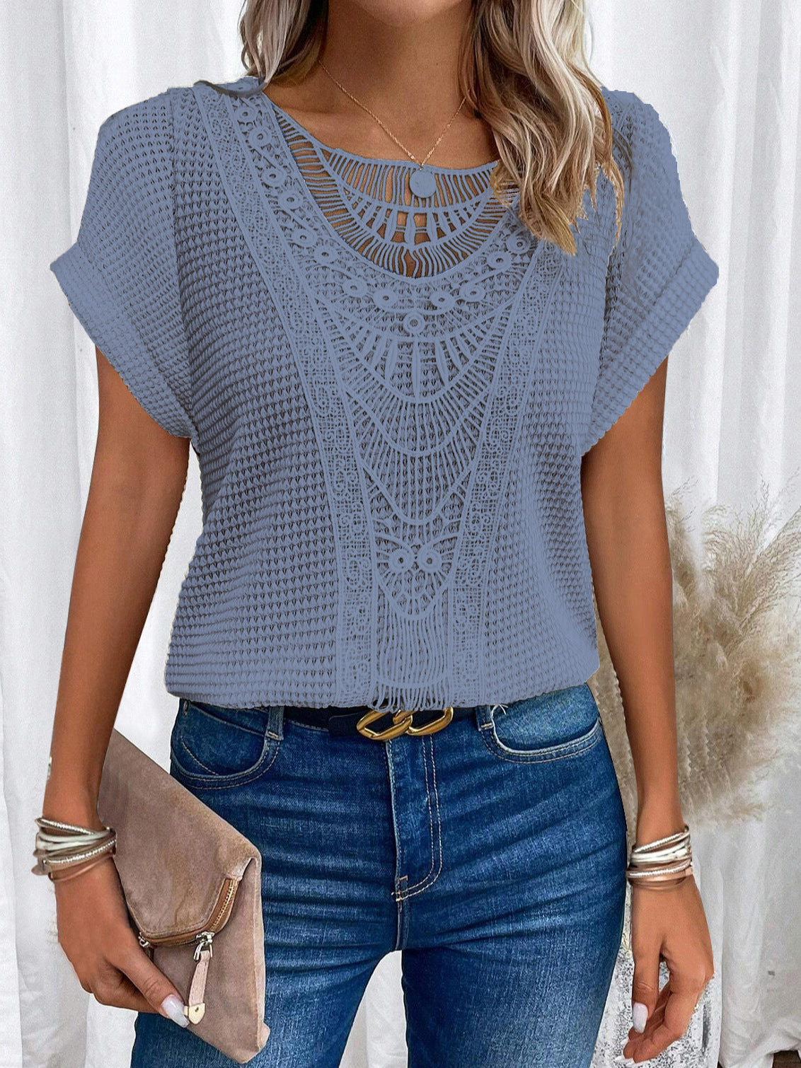 Women's Cut-Out Short-Sleeve Ethnic Style T-Shirt (photo 3)