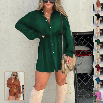 Women's Long-Sleeve Button-Front Shirt Romper
