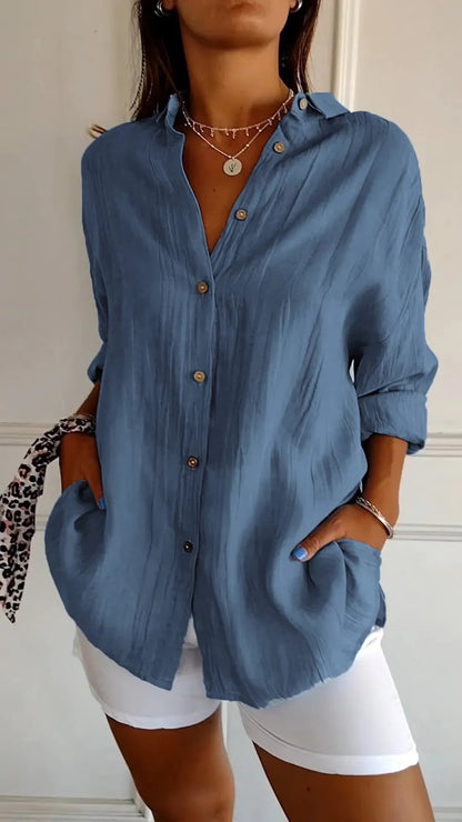 Women's Lapel Long-Sleeve Pleated Button-Front Shirt (photo 12)