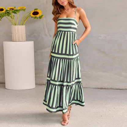 Women's Striped Strappy Maxi Dress with Pockets (photo 4)