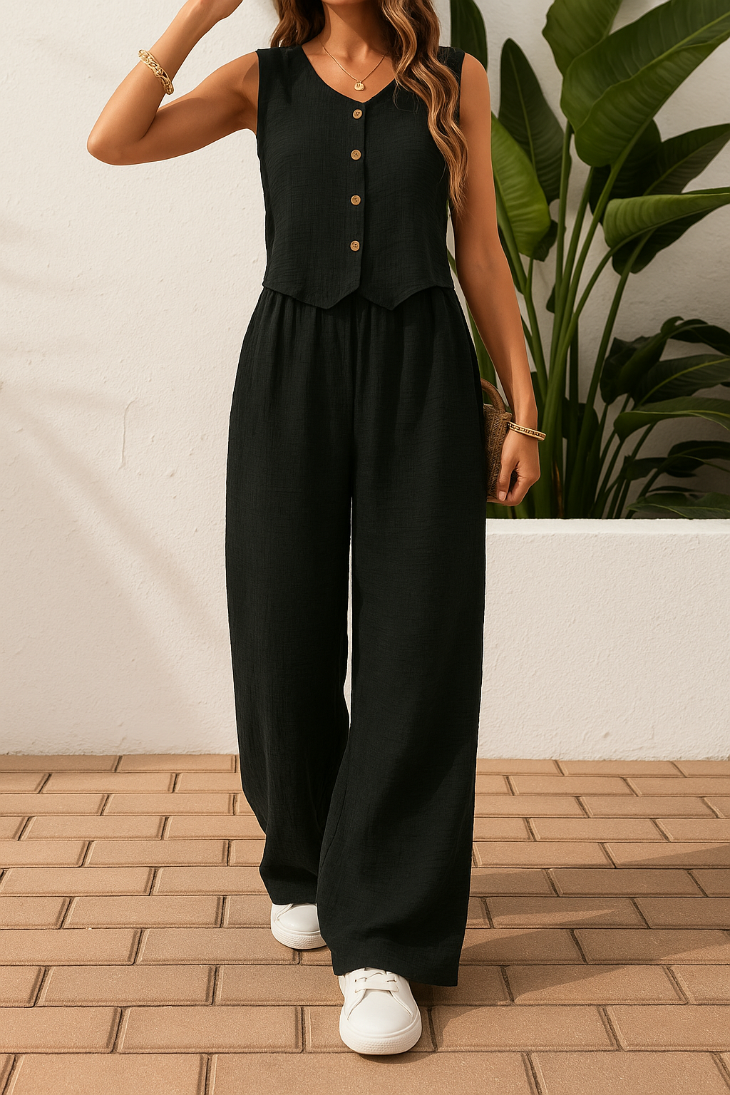 Woman wearing a black sleeveless button-front top and matching wide-leg pants