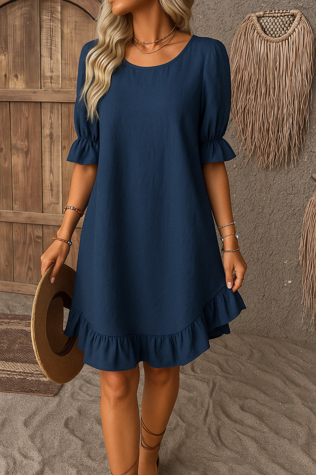 Woman wearing a navy blue short-sleeve summer dress with ruffle hem and flared cuffs