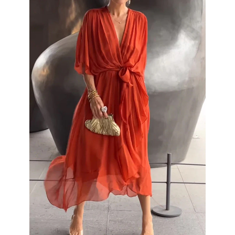 Women's Batwing-Sleeve V-Neck Tie-Waist Midi Dress (photo 11)