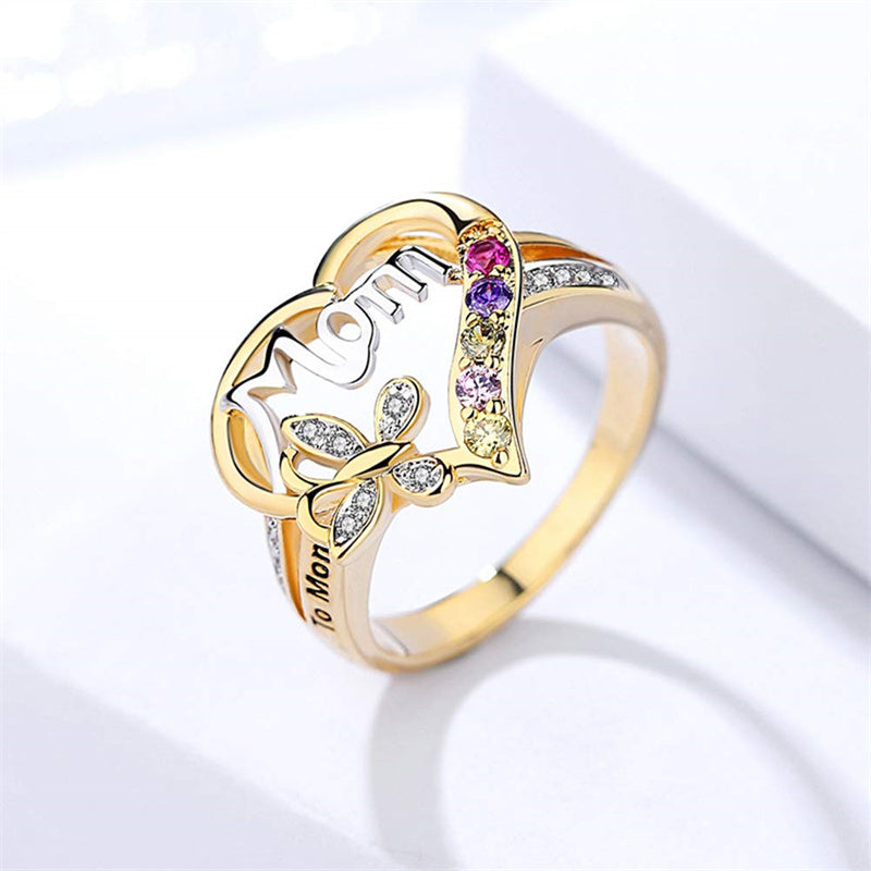 Love Mom Hollow Heart Rhinestone Ring