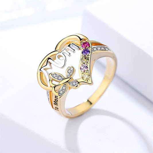 Love Mom Hollow Heart Rhinestone Ring