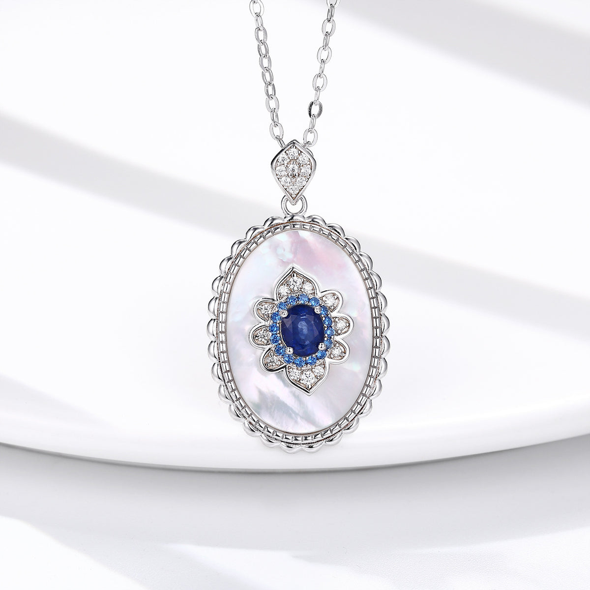 Oval Blue Stone Pendant Necklace, 925 Sterling Silver