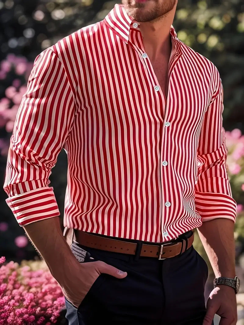 Men's Striped Long-Sleeve Lapel Button Shirt (photo 7)
