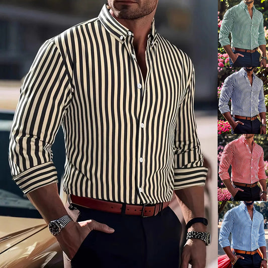 Men's Striped Long-Sleeve Lapel Button Shirt