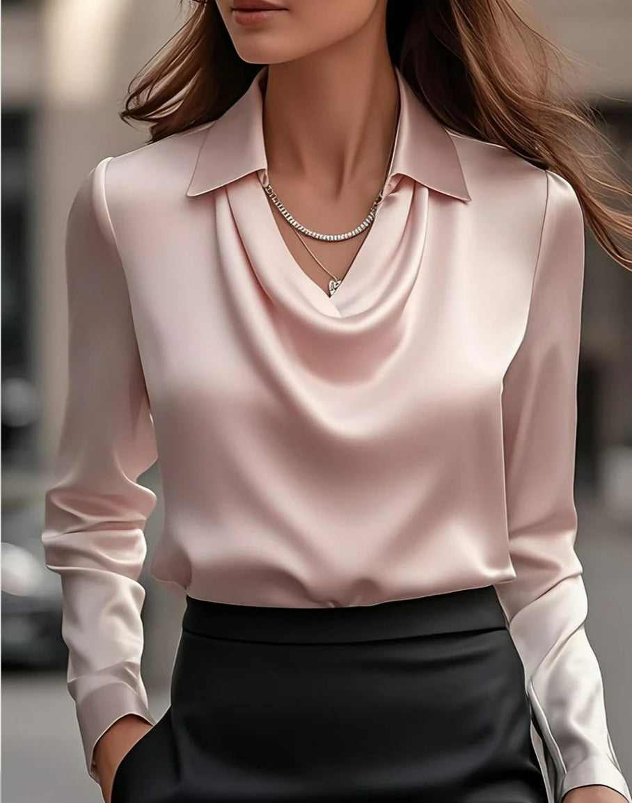 Women's Draped-Collar Satin Long-Sleeve Blouse (photo 15)