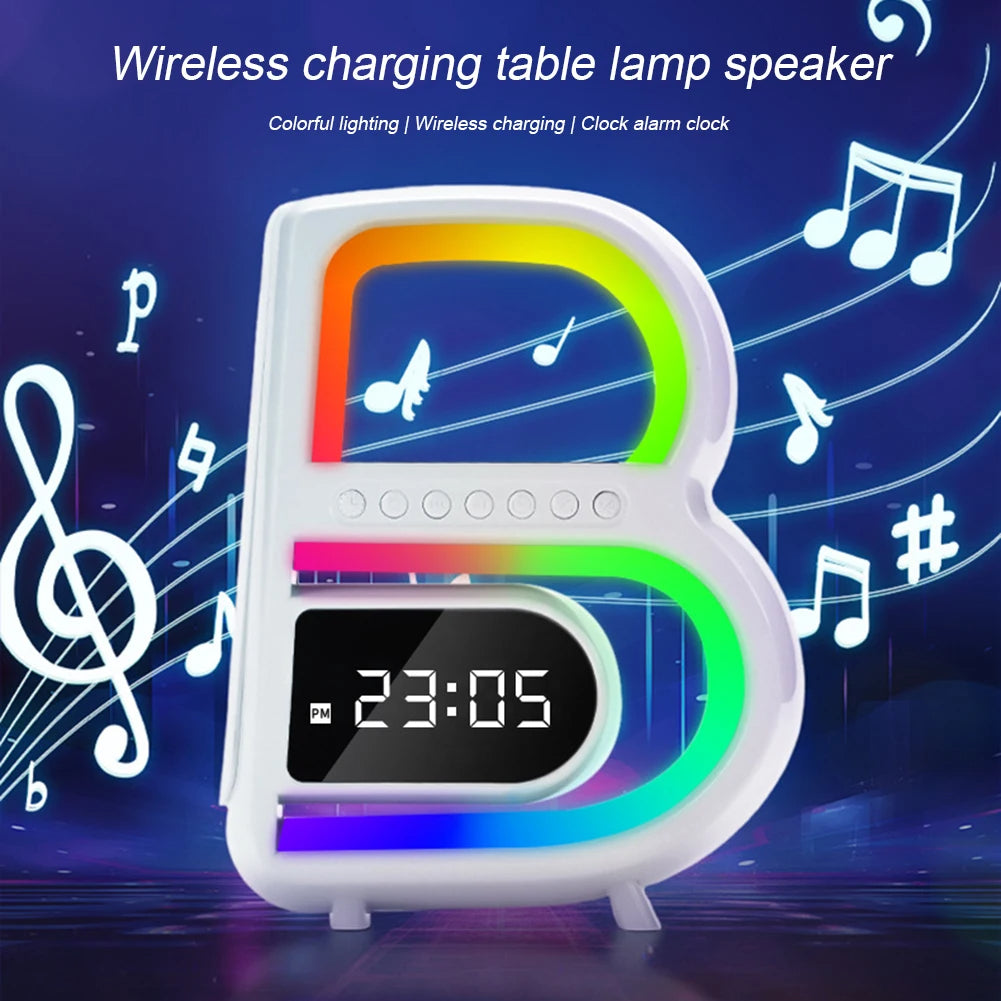 B-Shaped Bluetooth Speaker with Lamp, Alarm Clock and Wireless Charger (photo 2)