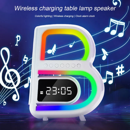 B-Shaped Bluetooth Speaker with Lamp, Alarm Clock and Wireless Charger (photo 2)