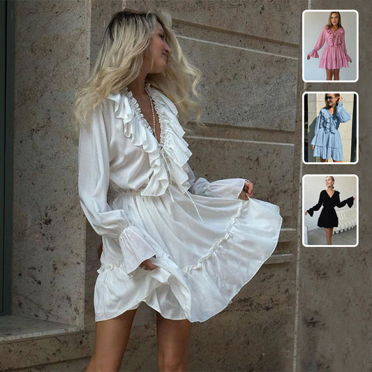Women's V-Neck Ruffle Flare-Sleeve Mini Dress