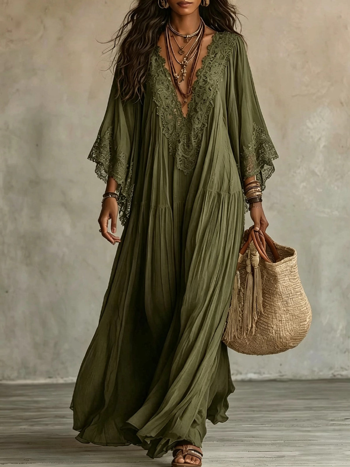 Women's V-Neck Maxi Dress with Lace Trim (photo 11)