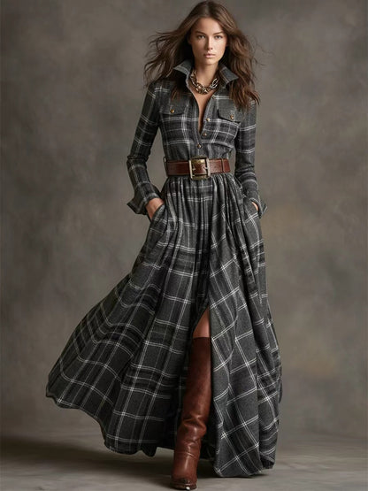 Women's Plaid Long-Sleeve Shirt Dress with Pockets (photo 12)