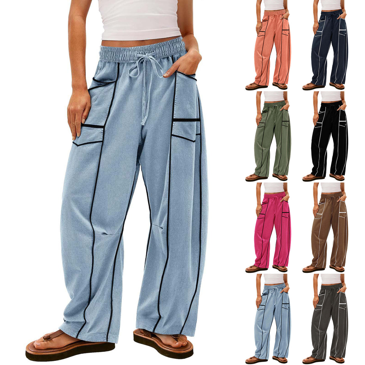 Women's Striped Wide-Leg Drawstring Sweatpants