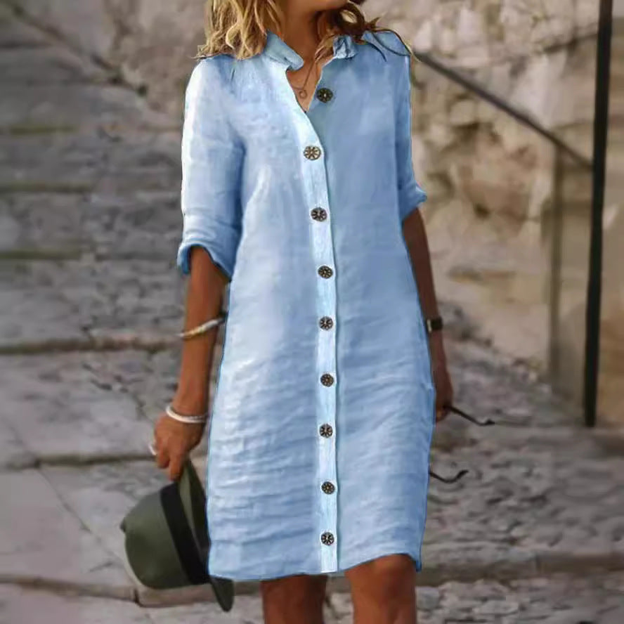 Women's Half-Sleeve V-Neck Button-Front Shirt Dress (photo 3)