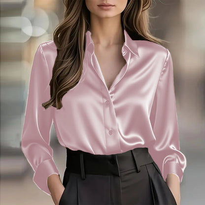 Women's Satin Button-Up Long-Sleeve Blouse (photo 20)