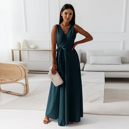 Women's V-Neck Sleeveless Maxi Dress with Belt (photo 5)