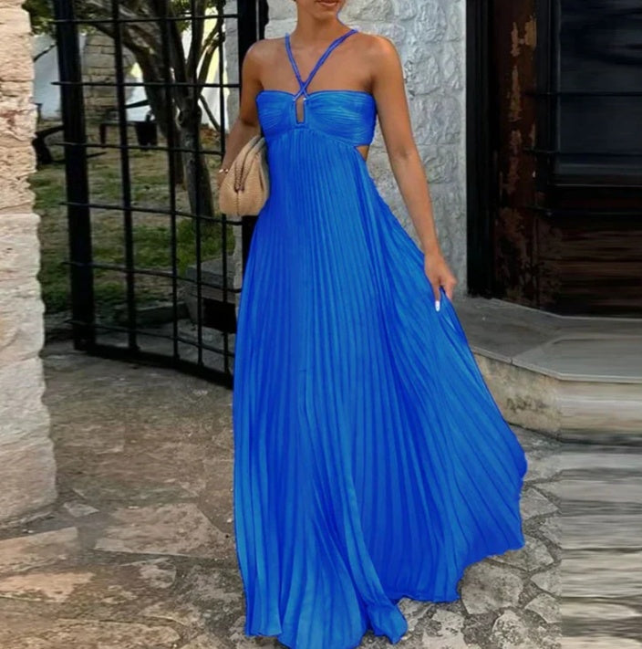 Women's Pleated Halter Maxi Dress with Cut-Out Detail (photo 11)