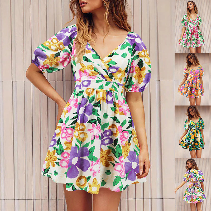 Women's Floral V-Neck Lantern-Sleeve Mini Dress
