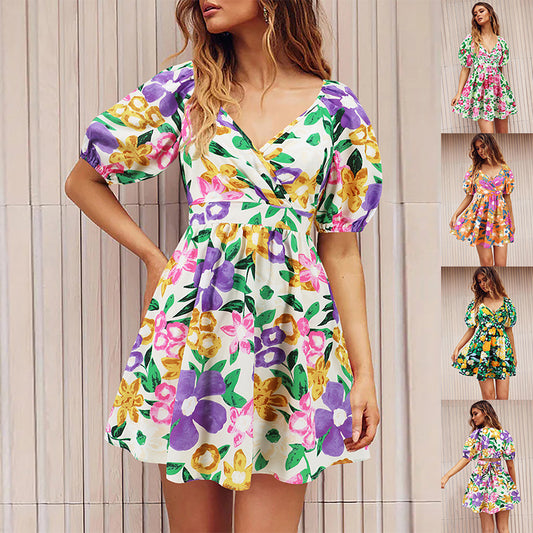 Women's Floral V-Neck Lantern-Sleeve Mini Dress