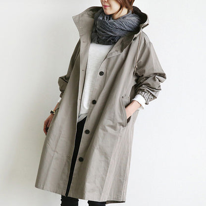 Women's Hooded Long Windbreaker with Buttons (photo 2)