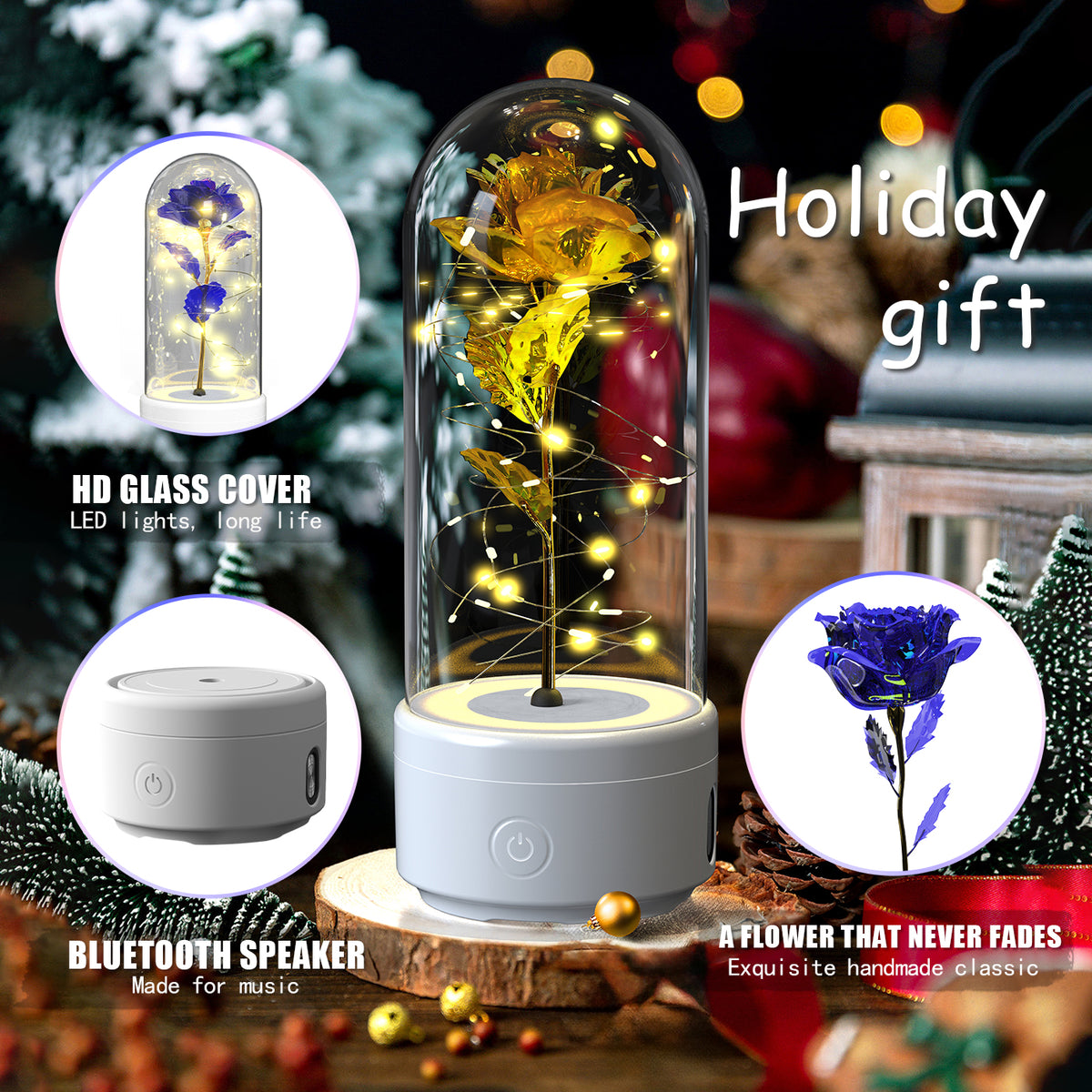Preserved Rose LED Light and Bluetooth Speaker in Glass Dome (photo 4)