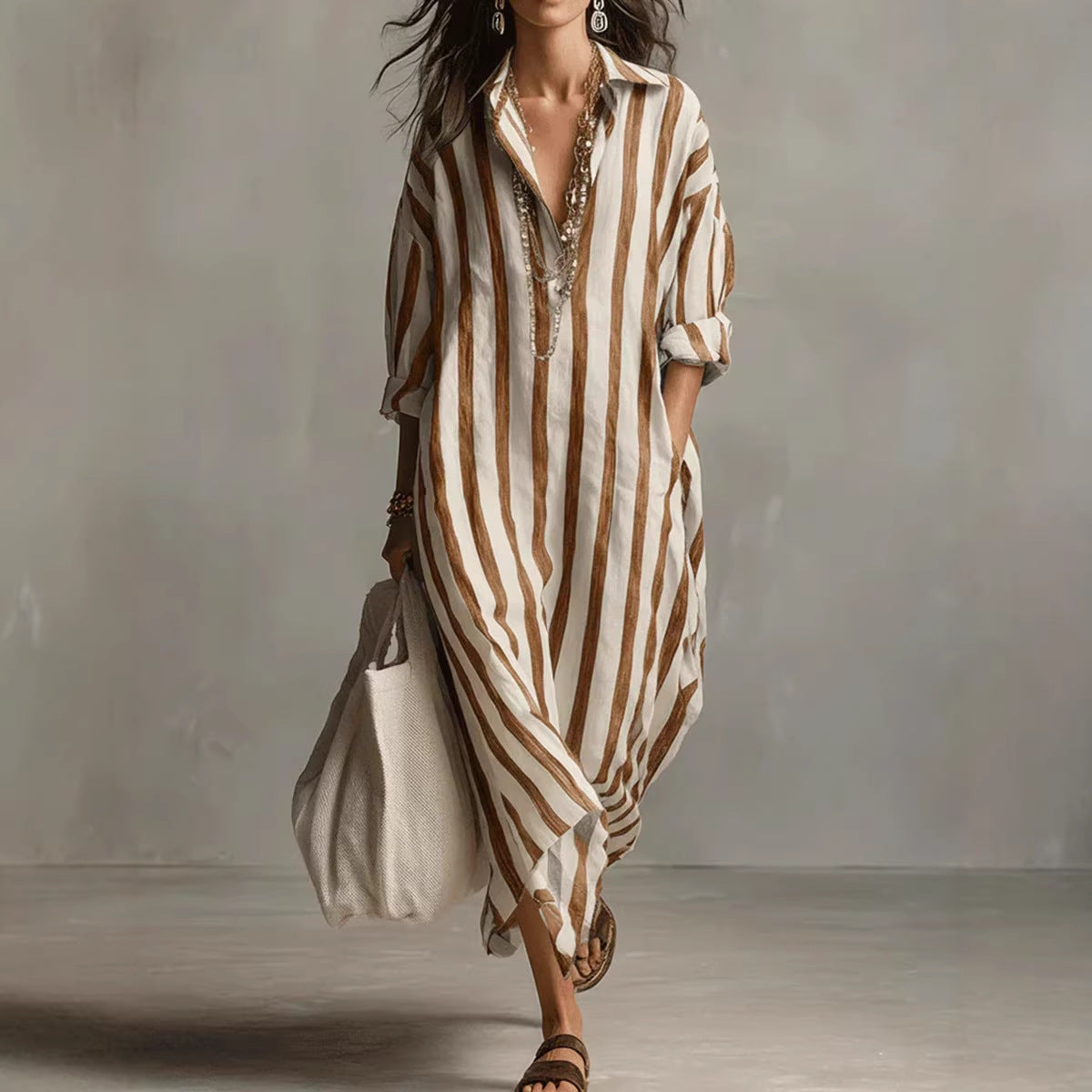 Women's Striped Split-Collar Long Shirt Dress (photo 4)