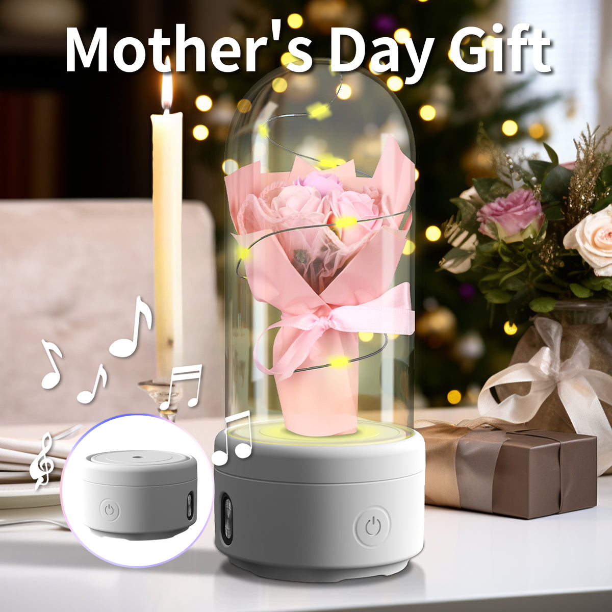 Rose Bouquet LED Light and Bluetooth Speaker in Glass Dome