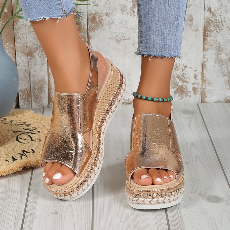 Women's Metallic Peep-Toe Buckle Wedge Sandals (photo 7)