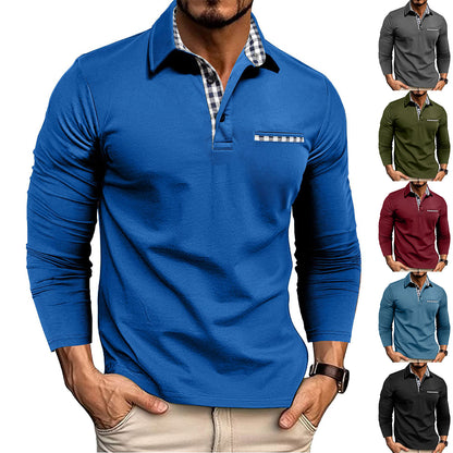 Men's Plaid-Panel Lapel Long-Sleeve Polo Shirt
