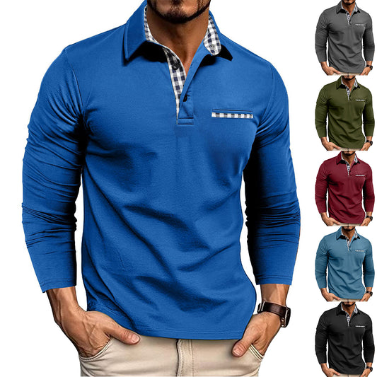 Men's Plaid-Panel Lapel Long-Sleeve Polo Shirt