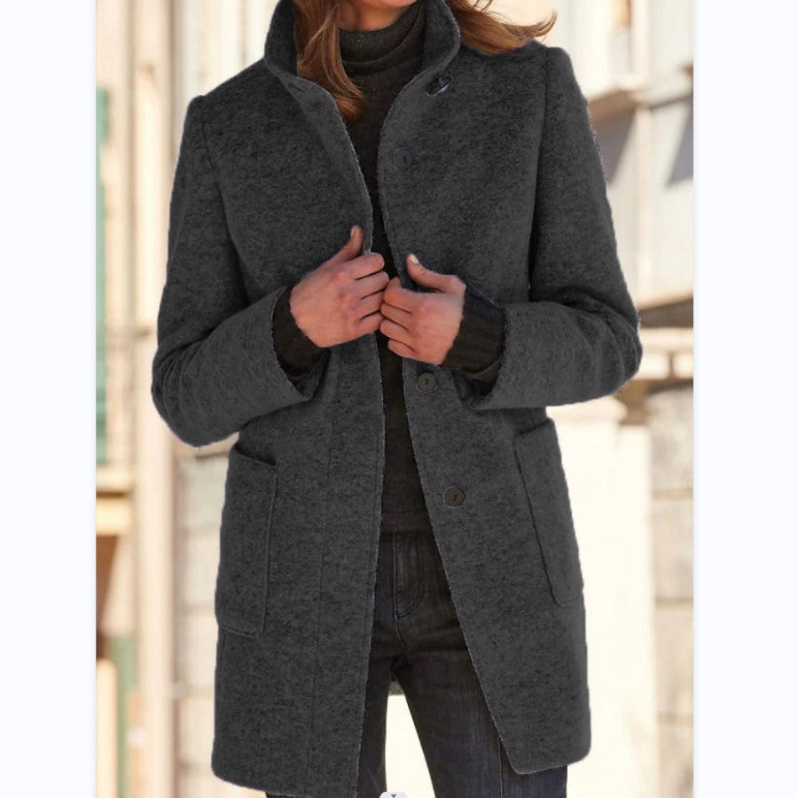 Women's Stand-Collar Button Coat with Pockets (photo 4)