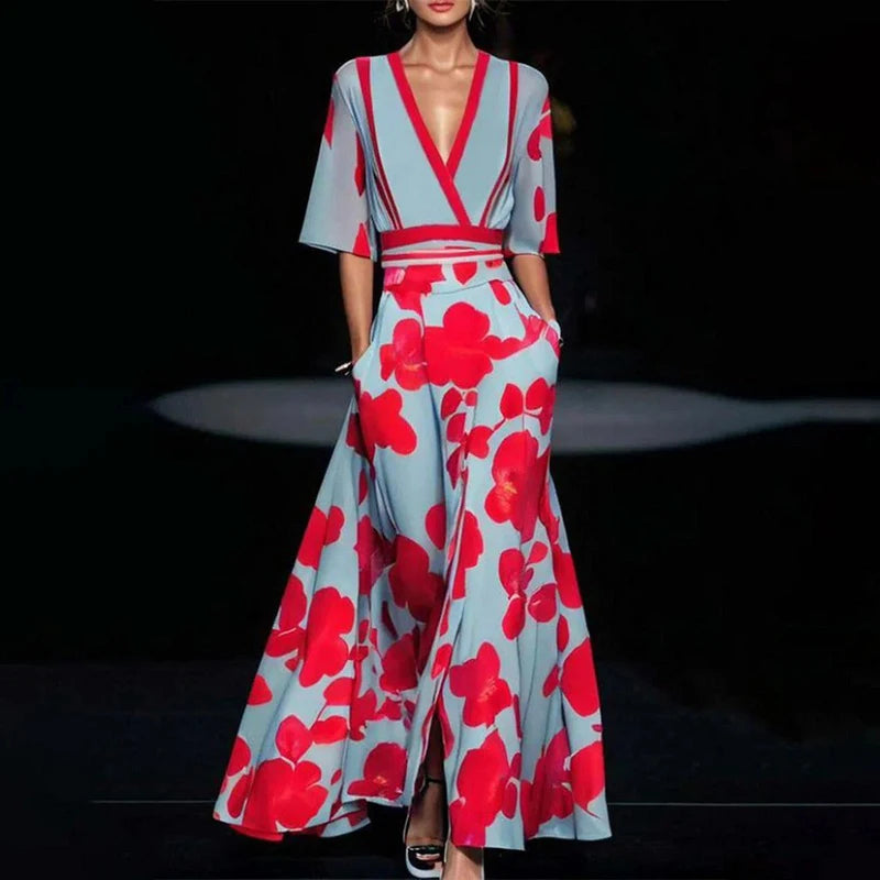 Women's Floral V-Neck Short-Sleeve Maxi Dress with Slit