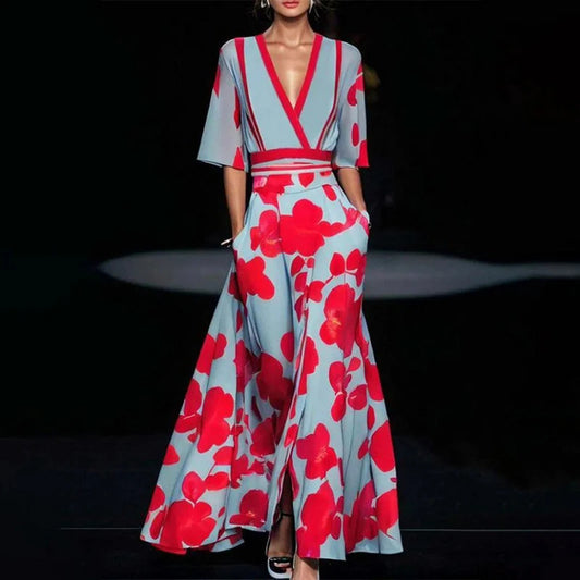Women's Floral V-Neck Short-Sleeve Maxi Dress with Slit