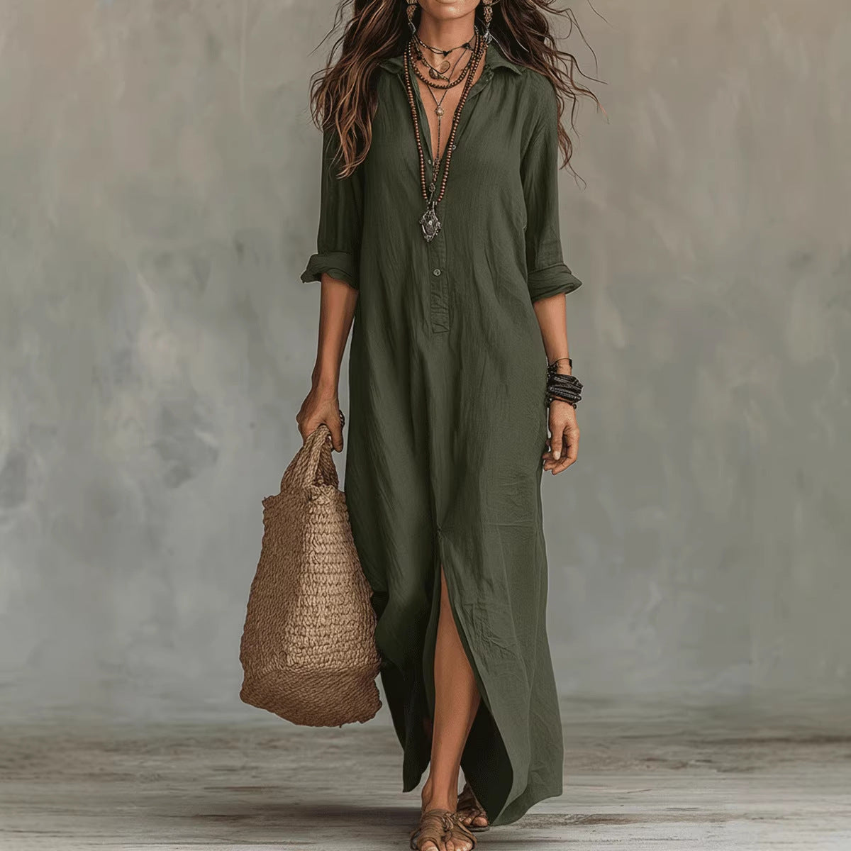 Women's Lapel-Collar Shirt Dress with Side Slit (photo 4)